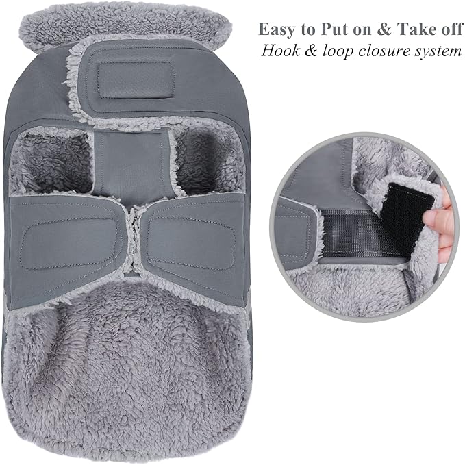 VIVAGLORY Frostfit Dog Coat, Dog Jacket for Winter & Cold Weather, Warm Fluffy Fleece Lined Water Resistant Reflective for Puppy, Coat with Velcro Fastening & Leash Hole, L, Grey