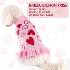 cyeollo Dog Sweater Dress Valentines Day Dog Clothes Pullover Turtleneck with Leash Hole Heart Pattern Holiday Theme Female Pet Apparel for Small Dogs