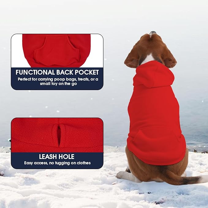 IECOii Dog Hoodie for Medium Dogs, Warm Fleece Dog Hoodies Sweater with Leash Hole and Pocket, Cozy Dogs Cold Weather Coat for Fall Winter Hooded Sweatshirt Vest for French Bulldog, Red, L