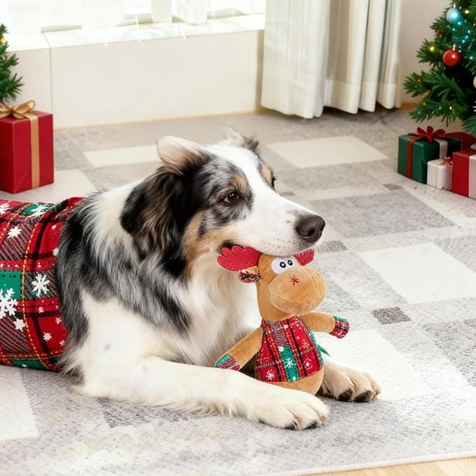 Christmas Dog Toys – Plush Reindeer & Snowman Holiday Set for Small and Medium Dogs, Soft Stuffed Chew Toys with Crinkle Ears, Festive Red Green Plaid, Cute Stocking Stuffer Gift