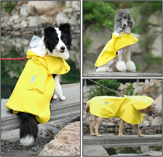 Dog Raincoat Waterproof, Adjustable Reflective Hooded Dog Rain Poncho with Leash Hole for Small Medium Large Dogs (Yellow, Small)