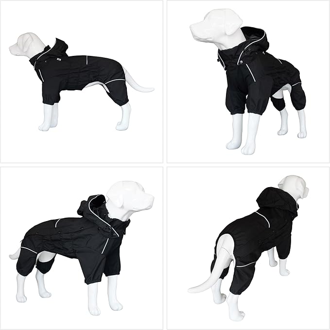 LOVELONGLONG Fleece-Lined Dog Raincoat with Removable Hood – Waterproof Winter Full Body Dog Jacket – Windproof Snowproof Cold-Weather Suit – Black-F S