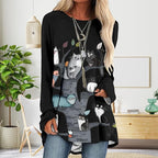 Womens Tunic Shirt Cute Cat Print Long Sleeve Round Neck Women T Shirts Cotton Casual Plus Size Vacation Tunics Tops