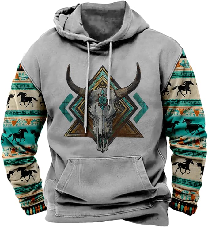 HOTYD Mens Western Aztec Sweatshirts Long Sleeve Fall Fashion Drawstring Pullover Vintage Graphic Cowboy Hoodie for Men