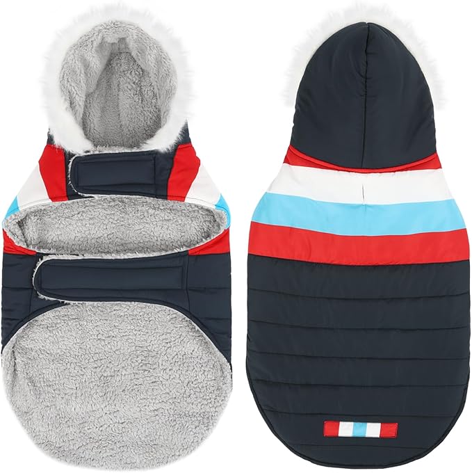 HDE Dog Puffer Jacket Fleece Lined Warm Dog Parka Winter Coat with Harness Hole Patriotic - L