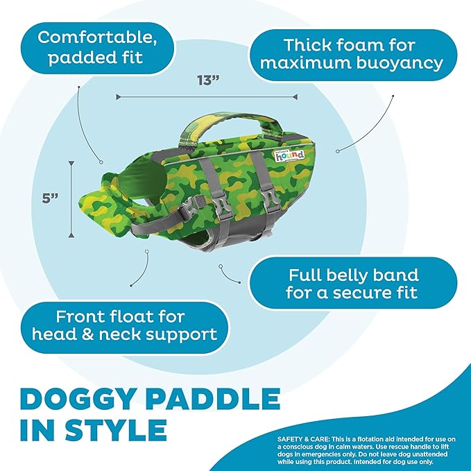 Outward Hound Granby Splash Dog Life Jacket, High-Buoyancy Dog Life Vest for Swimming, Boating, and Water Safety, Small, Camo