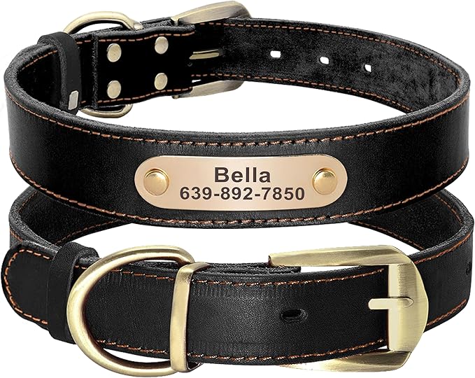 Didog Genuine Leather Dog Collars with Engraved Nameplate, Personalized Soft Leather Dog Collar with Custom ID Tag, Brown/Green/Red for Medium Large Dogs (L,Black)