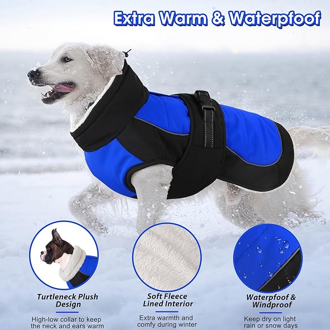 Dogcheer Waterproof Dog Coat, Christmas Dog Winter Jacket, Adjustable Puppy Fleece Coat for Cold Weather, Reflective Turtleneck Snow Jacket for Small Medium Large Dogs - Blue, L