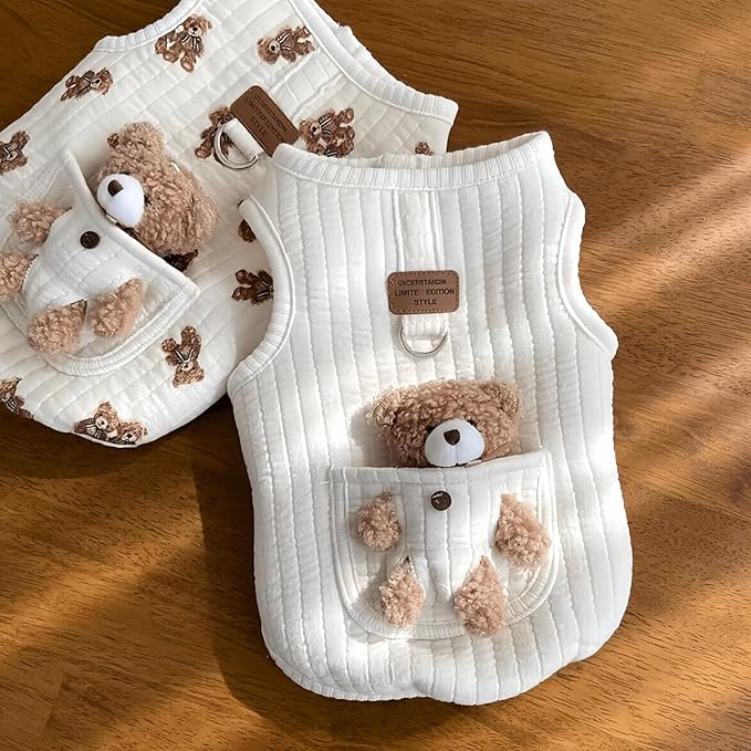 Cute Pet Apparel Plush Bear Pattern Cartoon Dog Clothes All Season Sleeveless Puppy Kitten Pullover Soft Skin-Friendly (White1, XL (11-20lbs))