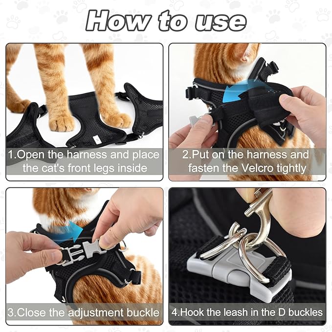 Kitten Cat Harness and Leash Set, Escape Proof Soft 4-Adjustable Cat Walking Vest Harness, Reflective Strips in Harness for Kitty Puppy Bunny Car Travel, with Car Seatbelt Leash (Black, XXS)