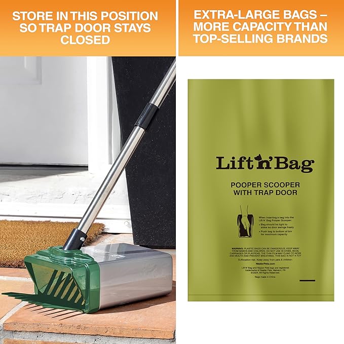 Neater Pet Brands Lift N’ Bag 2.0 Dog Pooper Scooper with Bag Attachment & 27" Pole for Small to Large Dogs, New & Improved Design, 195 Refill Bags, Heavy Duty Dog Poop Scooper for Yard, One-Hand Use