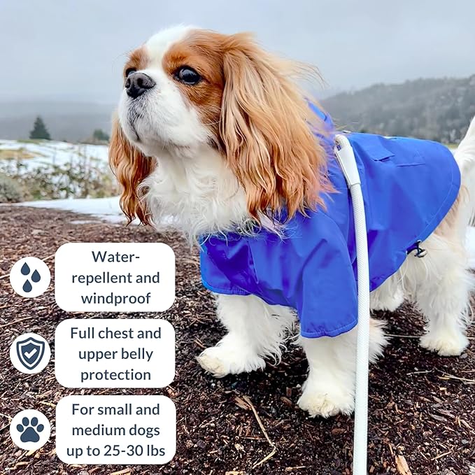DJANGO Highland Dog Jacket & Raincoat – Water-Repellent, Lined Dog Coat with Hood, Adjustable Fit & Harness Hole – Lightweight Rain & Wind Jacket for Small & Medium Dogs up to 30 lbs (Blue, Medium)