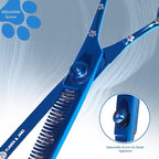 Professional Dog Grooming Thinning Scissors/Blender Shears with Paw Prints for Dogs, Cats & Pets (Right Handed, Blue, Stainless Steel 8 Inch)