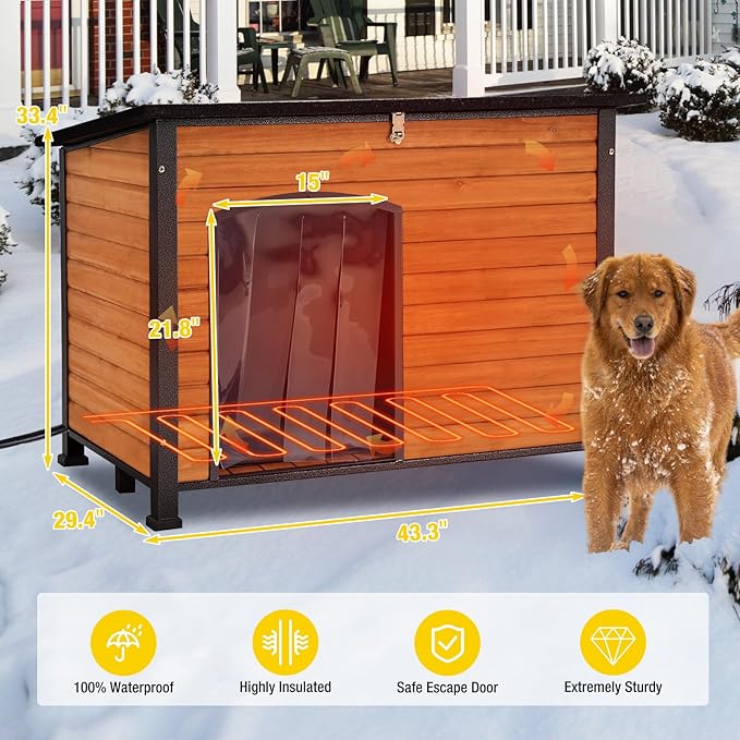 Aivituvin Heated Dog House Outdoor 43.3" Insulated Dog Kennel with Electric Heating Pad Keep Warm in Winter, Strong Iron Frame Pet Shelter,Weather-Resistant