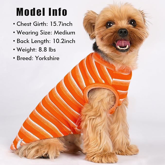 KYEESE 2Pack Waffle Dog Shirts for Small Dogs Stretchy T-Shirts Lightweight Tank Top Sleeveless Striped Shirt Vest Breathable Cat Shirt, Small, Orange+Striped