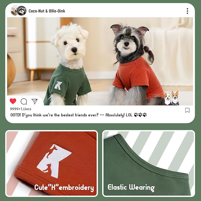 Koneseve Dog Shirts Soft Cat Clothes Comfy Cotton Stretchy for Small Dogs 2-Pack Rust & Mist Green S