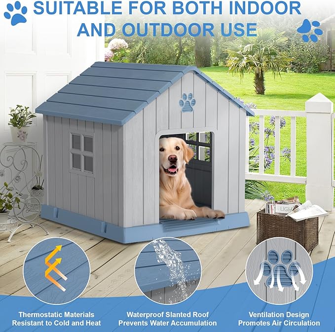 EasyUp Dog House Outdoor Indoor,Dog House Weatherproof Resin Shelter with Air Vents and Elevated Floor for Small Medium Large Dogs,Easy Clean and Assemble(37.8 * 40.87 * 38.82in,Blue)