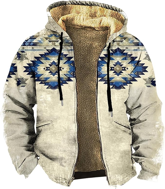 Men's Zip Up Jackets Western Style Ethnic Hoodie Hooded Vintage Long Sleeve Warm Coat Winter Outfits