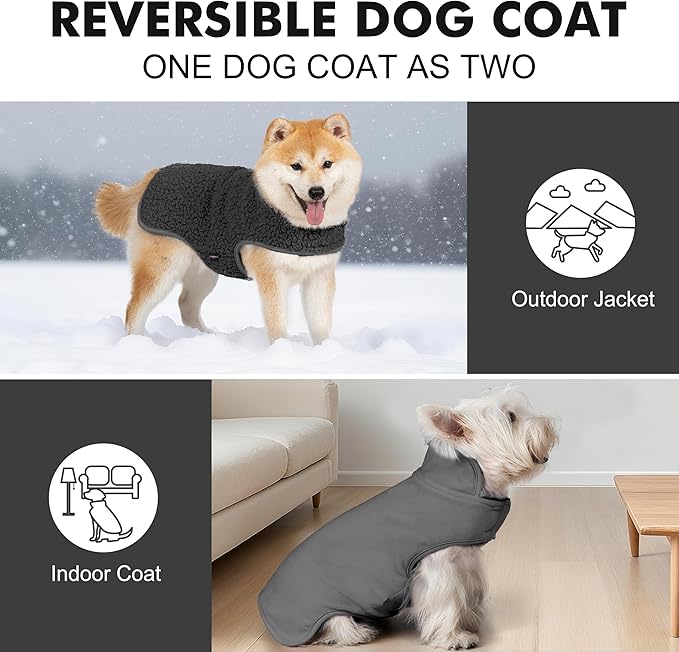cyeollo Small Dog Coat Sherpa Dog Winter Coat, Reversible Fleece Doggie Jackets Sweater Vest for Small Dogs Male with Leash Hole, Soft Cold Weather Pet Coats, Dark Grey S