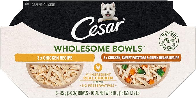 Cesar Wholesome Bowls Adult Wet Dog Food, Chicken Recipe and Chicken, Sweet Potatoes & Green Beans Recipe Variety Pack, 3 oz. (6 Count, Pack of 1)