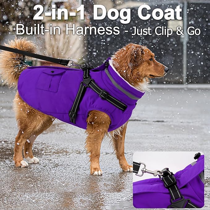 Dogcheer Dog Coat with Harness, Waterproof Warm Dog Winter Jacket with Pockets, Reflective Pet Fleece Jacket Turtleneck Snowsuit for Small Medium Large Dogs - Purple, 3XL