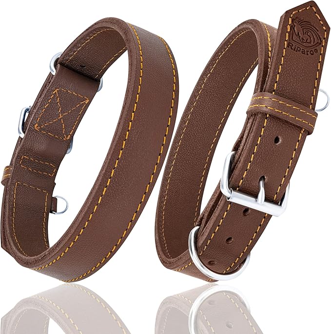 Riparo Dog Collar - Genuine Leather Dog Collars - Heavy Duty Dog Collars for Medium Large and Extra Large Dog Breeds (M: 1” Wide for 14” - 18” Neck, Brown)