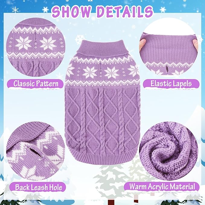 Warm Winter Pink Dog Sweater - Cold Weather Pet Clothes for Small Medium Large Dogs Indoor Outdoor, Soft Classic Knit Puppy Apparel Coat, Purple, ML