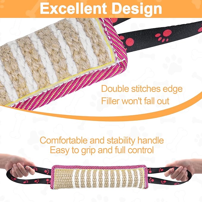 Dog Tug Toy Dog Bite Jute Pillow Pull Toy with 2 Strong Handles for Tug of War, Puppy Interactive Play, Tear Resistant Bite Training Toys for Small Medium Large Dogs (Pink Yellow Footprint)