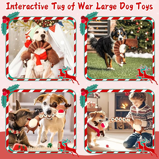 Christmas Dog Toys for Large Dogs：Squeaky Tug of War Interactive Dog Toys with Crinkled Paper-Plush Puppy Toys Keep Them Busy