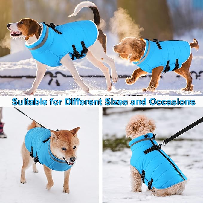Dogcheer Dog Coat with Harness, Waterproof Dog Jacket Adjustable Pet Winter Coat with Zipper, Christmas Puppy Snow Jacket Fleece Sweater for Small Medium Large Dogs - Sky Blue L