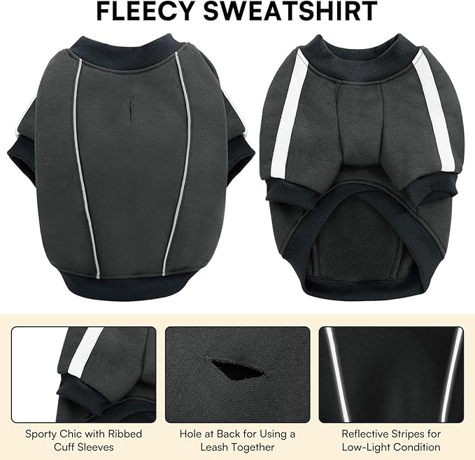 Queenmore Fleece Dog Sweater for Male Dogs, Soft Pullover Dog Sweatshirt with Leash Hole/Reflective Stripes – Cozy Winter Fleece Jacket for Small Medium Large Boy Puppy, Grey XXXL