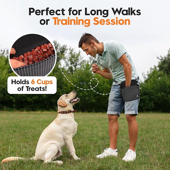 Large Capacity Dog Treat Pouch –Training Treat Bag with Magnetic Pocket, Built-in Poop Bag Holder, Clicker & Collapsible Bowl, Dog Walking Bag for Pet Training – Black