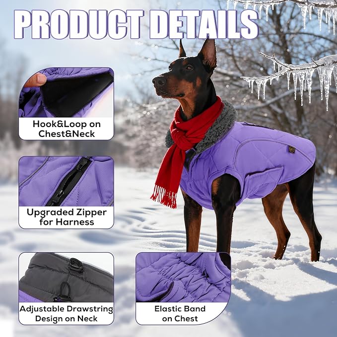 EMUST Thick Winter Dog Coat for Medium Boys - with Harness Hole for Cold Weather - Purple, M