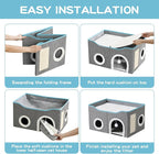 Large Cat Bed for Indoor Cats, Extra Wide Cat Cave House with Scratch Pad and Fluffy Ball, Foldable Cat Hideaway for Kitten Bed, Cat Condo for Cats (Grey, X-Large)