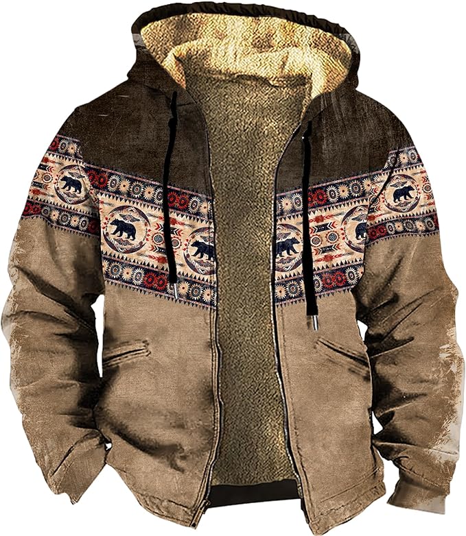 Men's Western Aztec Jackets Hooded Cowboy Hoodie Warm Full Zip Ethnic Vintage Long Sleeve Coat Fall Winter Tops