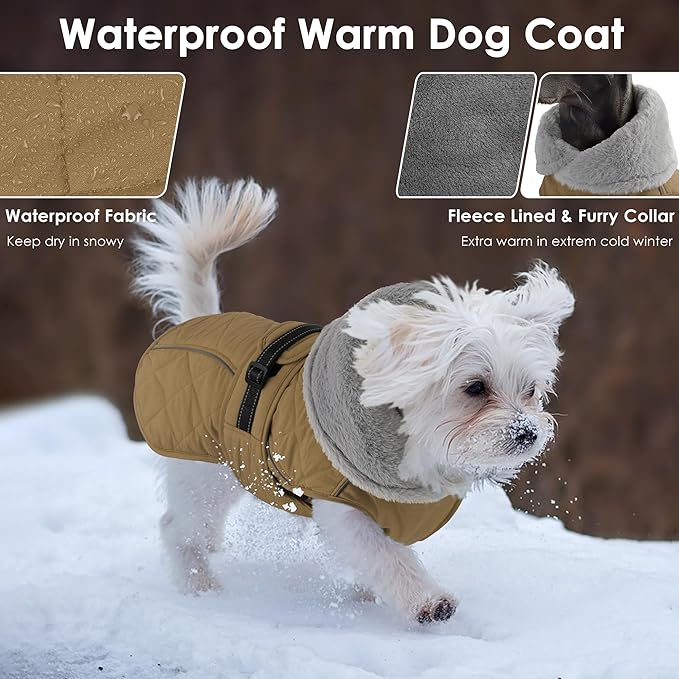 Dog Coat, Waterproof Dog Winter Jacket with Adjustable Buckle, Reflective Turtleneck Pet Snow Vest Warm Fleece Sweater for Small Medium Large Dogs - Khaki, L