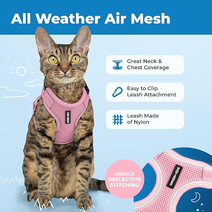 Voyager Escape Proof Cat Harness and Leash Set with Reflective Stitching, Neoprene Handle 5ft - Supports Small, Medium and Large Cats, Kittens for Walking by Best Pet Supplies - Pink, XXS