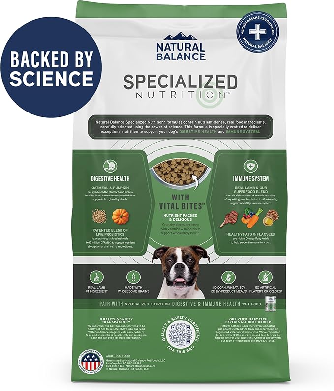 Natural Balance Specialized Nutrition Dry Dog Food with Lamb and Oatmeal for Dogs, Digestive & Immune Health Food, Natural Ingredients with Added Vitamins & Minerals - 22 lbs
