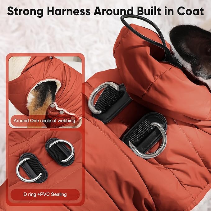 Fleece Lining Dog Hoodie with Harness Built in,Extra Warm Large Dog Jacket in Winter Doggie Coats with Drawstring Hooded,Orange XXL