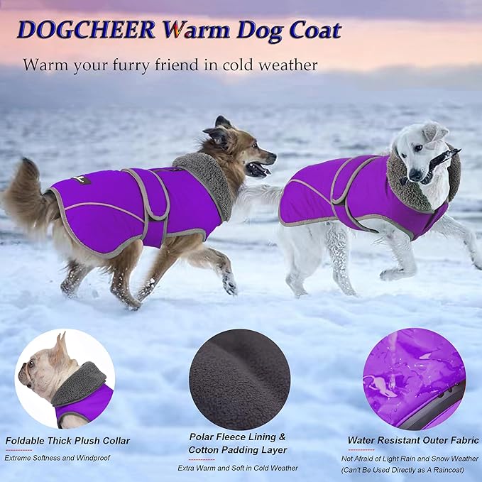 Dogcheer Dog Coat, Waterproof Dog Jacket Reflective Pet Winter Coat with Adjustable Hook & Loop, Christmas Puppy Fleece Jacket Warm Turtleneck Snowsuit for Small Medium Large Dogs - Purple, 2XL