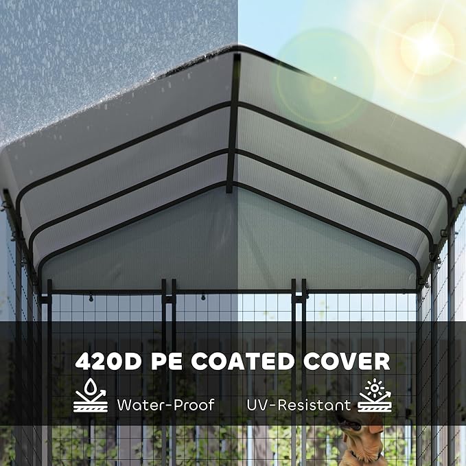 PawHut 6' x 6' x 6' Outdoor Dog Kennel, Welded Wire Dog Kennel Outside Run with 360° Rotating & 4 Level Adjustable Bowls, Waterproof & UV Resistant Cover, for S&M&L Breeds, Chickens, Ducks, Silver