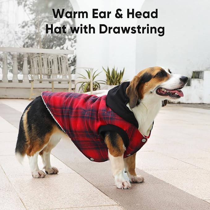 Fleece Lining Dog Hoodie for Medium Dogs Extra Warm Plaid Sweater with Drawstring Hooded Coats in Winter Doggie Jacket,Red XL