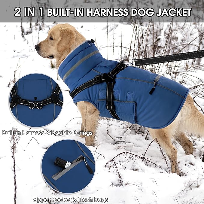 PETDSH Dog Coat Medium, Built-in Harness Dog Jacket with Warm Fleece Lining, Waterproof Reflective Dogs Winter Coat, Pet Coats with Pocket and Trash Bags (Navy Blue, Medium)
