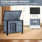 Outdoor Dog House, Small Wooden Dog House with Anti Bite Iron Frame Weatherproof Finish Outside Paw Print Dog Crate for Large and Medium Dogs, Grey