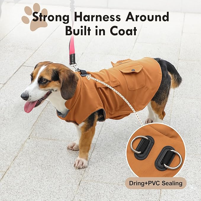 Workwear Style Dog Coats with Harness Built in for Small Dogs Windproof Warm Puppy Jacket with Storage Pockets for Cold Winter,BrightBeige XXXL