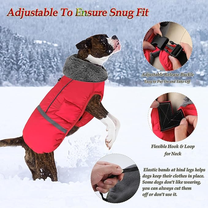 Dogcheer Warm Dog Coat, Christmas Dog Jacket Waterproof Puppy Winter Coat with Buckles, Reflective Adjustable Pet Snow Jacket Turtleneck Fleece Sweater for Small Medium Large Dogs - Red, 2XL