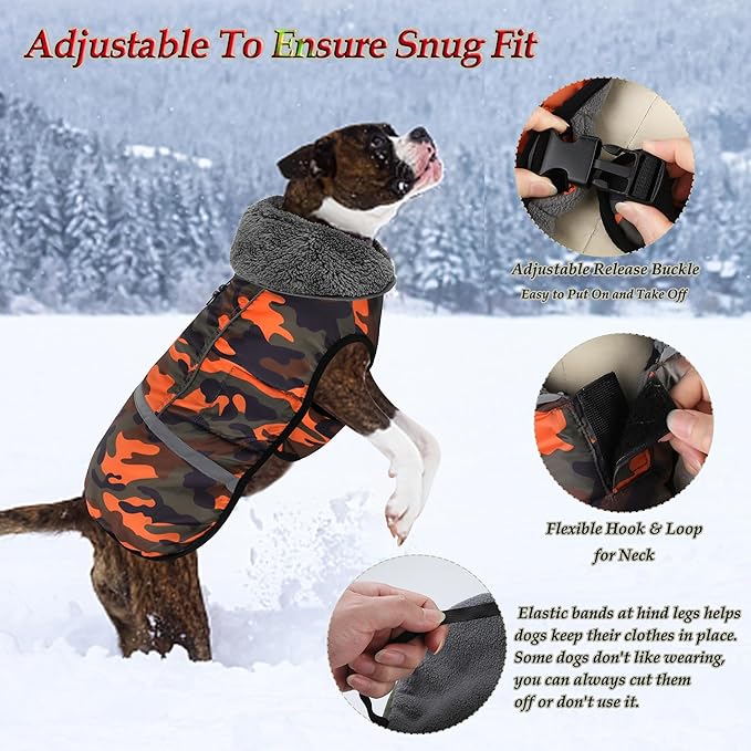 Dogcheer Warm Dog Coat, Waterproof Dog Jacket Christmas Puppy Winter Coat with Buckle, Reflective Adjustable Pet Snow Jacket Turtleneck Fleece Sweater for Small Medium Large Dogs - Orange Camo, S