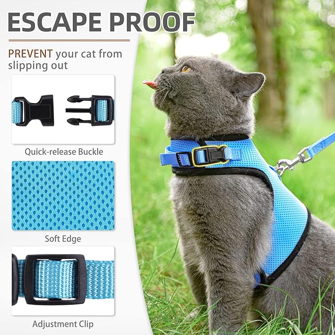 PUPTECK Soft Mesh Cat Vest Harness and Leash Set Puppy Padded Pet Harnesses Escape Proof for Cats Small Dogs, Blue Large