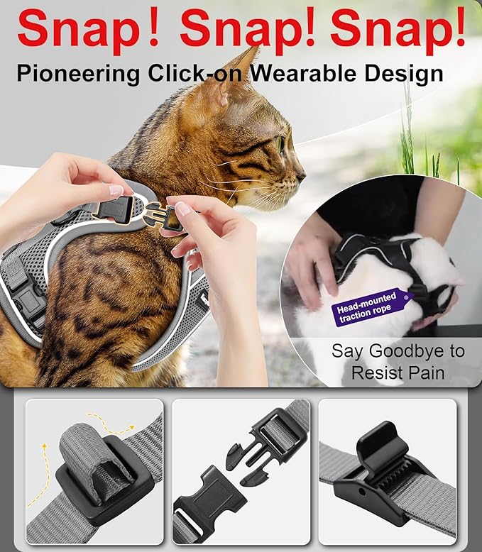 Cat Harness and Leash for Walking Escape Proof Soft Adjustable Cat Leash Breathable Comfortable Vest Easy to Wear Kitten Harness for Outdoor Travel Grey S