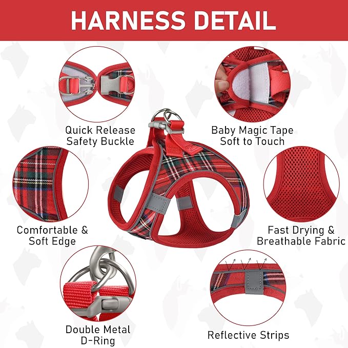 GAMUDA Small Dog Harness Collar and Leash Set, Step in No Chock No Pull Soft Mesh Adjustable Dog Vest Harnesses Plaid Reflective for Dogs Puppy Cats Kitten Rabbit (Red, XL)